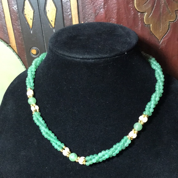 Semiprecious Stone Adventurine Pearl Gold Tone Accent Bead  Necklace 18”L EVC - Picture 3 of 7